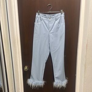 Light Blue Feather Trim Women Faux Leather Pants